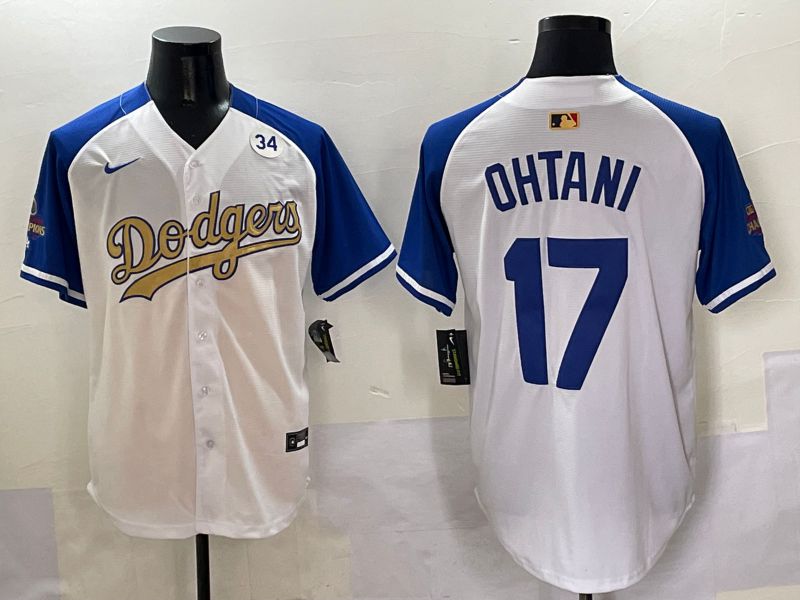 Men Los Angeles Dodgers #17 Ohtani White Blue Champion gold character Nike 2025 MLB Jersey style 50517->los angeles dodgers->MLB Jersey